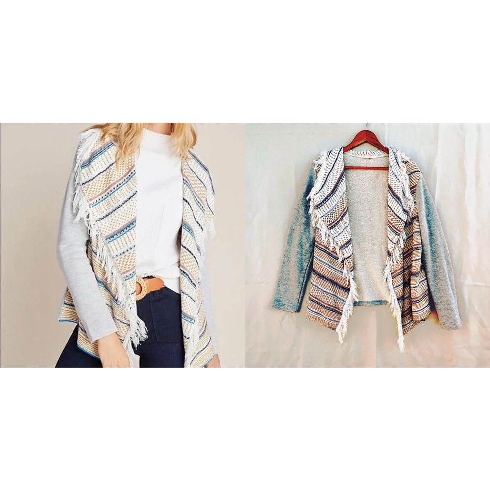 Anthropologie Dolan Multicolor Fringe Open-Front Sweater, Size Large